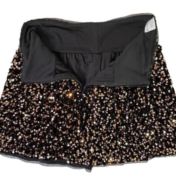 Zara Sparkly Sequins Skirt Black Gold Back Zipper Lined Girl's Size 13 / 14 - Picture 3 of 11